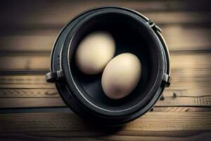 två ägg i en svart skål på en trä- tabell. ai-genererad foto