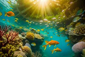 de Sol lyser över en korall rev med fisk och koraller. ai-genererad foto