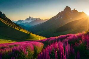 de Sol stiger över de bergen och lila blommor i de förgrund. ai-genererad foto
