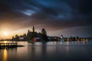 en lång exponering fotografera av en små stad på de sjö. ai-genererad foto