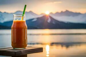 en glas av orange juice på en trä- tabell i främre av en sjö. ai-genererad foto