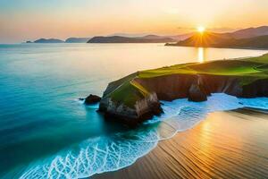 de Sol uppsättningar över en strand och klippor. ai-genererad foto