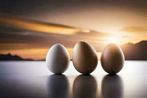 tre ägg är stående i främre av en solnedgång. ai-genererad foto