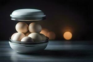 en vit behållare fylld med ägg på en tabell. ai-genererad foto