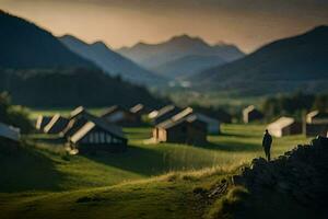 en ensam fågel står på en sten i främre av en by. ai-genererad foto