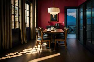 en dining rum med röd väggar och en tabell och stolar. ai-genererad foto