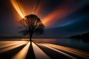 en träd är belyst upp förbi de ljus från de Sol. ai-genererad foto