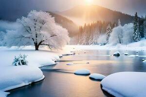 en snöig flod med stenar och träd. ai-genererad foto