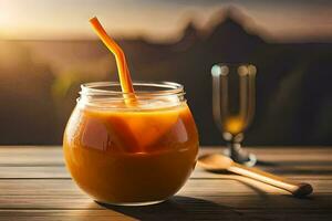 en glas av orange juice med en sugrör på en trä- tabell. ai-genererad foto
