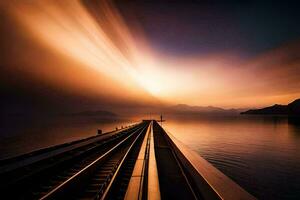 en tåg Spår ledande till de hav på solnedgång. ai-genererad foto