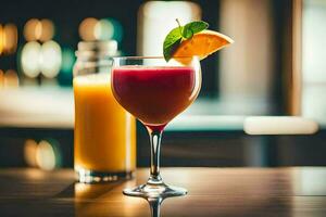 en glas av orange juice och en cocktail på en tabell. ai-genererad foto
