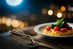 spaghetti med tomater och broccoli på en tallrik. ai-genererad foto