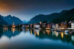 de stad av hallstatt, Österrike, på solnedgång. ai-genererad foto