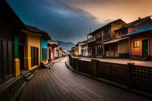 en lång smal gata med färgrik hus på solnedgång. ai-genererad foto
