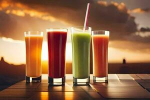 fyra glasögon av juice på en tabell. ai-genererad foto