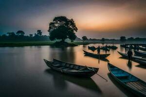 båtar på de flod på soluppgång. ai-genererad foto