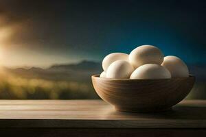 en skål av ägg på en tabell med de Sol i de bakgrund. ai-genererad foto
