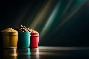 tre färgrik behållare med annorlunda typer av kryddor. ai-genererad foto
