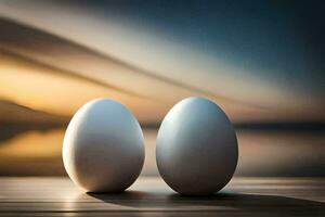 två vit ägg på en trä- tabell. ai-genererad foto
