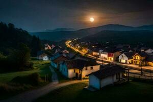 en by på natt med en full måne. ai-genererad foto