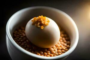 en vit ägg i en skål av bönor. ai-genererad foto