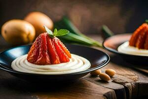 två skålar med vispad grädde och jordgubbar. ai-genererad foto