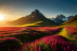 de Sol stiger över en fält av lila blommor i de berg. ai-genererad foto