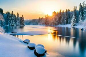 en skön vinter- solnedgång över en flod. ai-genererad foto