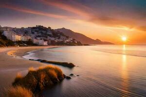 de Sol uppsättningar över en strand i Spanien. ai-genererad foto