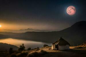en hydda sitter på de kant av en berg med en full måne i de himmel. ai-genererad foto