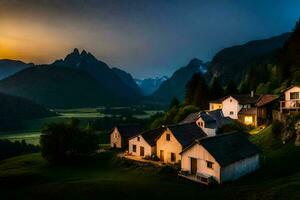 Foto tapet de himmel, berg, de by, de hus, de berg, de by,. ai-genererad