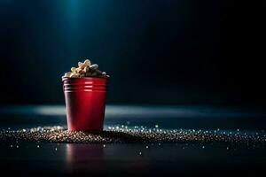 en röd kopp fylld med popcorn på en mörk yta. ai-genererad foto