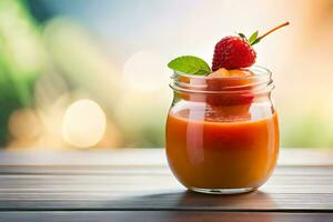 en glas av orange juice med jordgubbar och mynta. ai-genererad foto