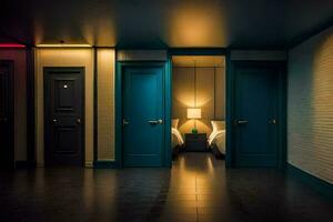 en rum med två blå dörrar och en säng. ai-genererad foto