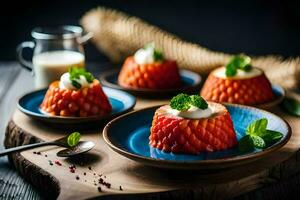 en tallrik med jordgubbar och grädde på Det. ai-genererad foto