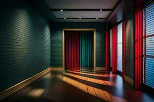en hall med röd gardiner och trä- golv. ai-genererad foto