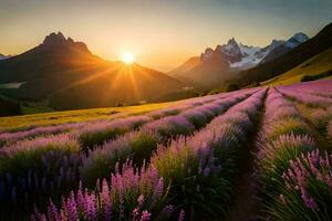 de Sol stiger över lavendel- fält i de berg. ai-genererad foto