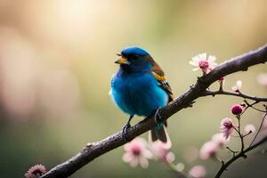 en blå fågel sitter på en gren med rosa blommor. ai-genererad foto