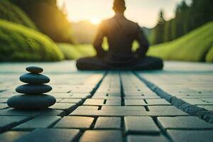 en person Sammanträde i meditation med en stack av rocks. ai-genererad foto