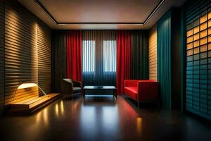 en modern hotell rum med röd gardiner och svart väggar. ai-genererad foto