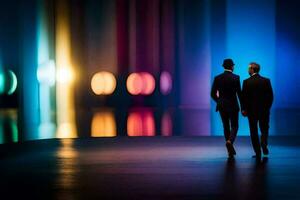 två män i kostymer gående i främre av färgrik lampor. ai-genererad foto