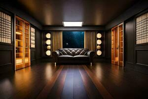 en mörk rum med en läder soffa och trä- golv. ai-genererad foto
