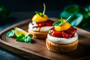två mini smörgåsar med ost och tomater på en trä- styrelse. ai-genererad foto