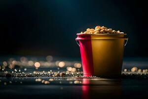 en hink av popcorn på en tabell med en mörk bakgrund. ai-genererad foto