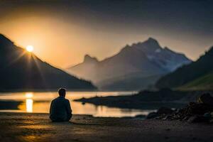 en man sitter på de Strand av en sjö på solnedgång. ai-genererad foto