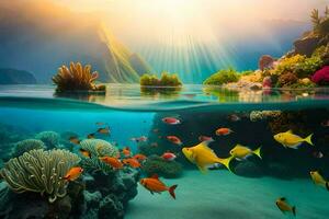 de Sol lyser över en korall rev och fisk. ai-genererad foto