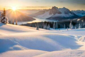 de Sol stiger över en snöig berg räckvidd. ai-genererad foto
