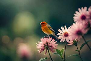 en fågel är uppflugen på topp av några rosa blommor. ai-genererad foto