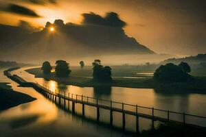 en bro över en flod på soluppgång med de Sol lysande. ai-genererad foto