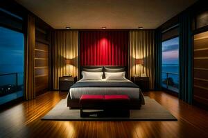 en sovrum med en röd accent vägg och trä- golv. ai-genererad foto